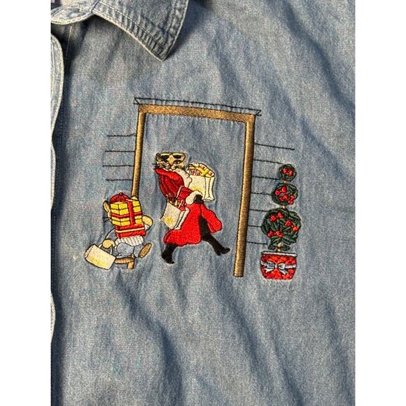Embroidered Christmas Shopping Cat Denim Shirt 22 Vintage Quizz Plus 100% Cotton - Picture 4 of 10